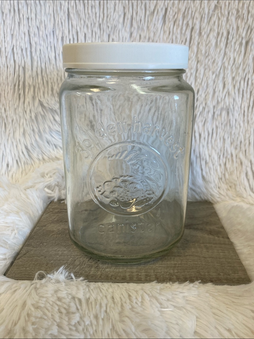 Golden Harvest Embossed Glass Canister with White Lid